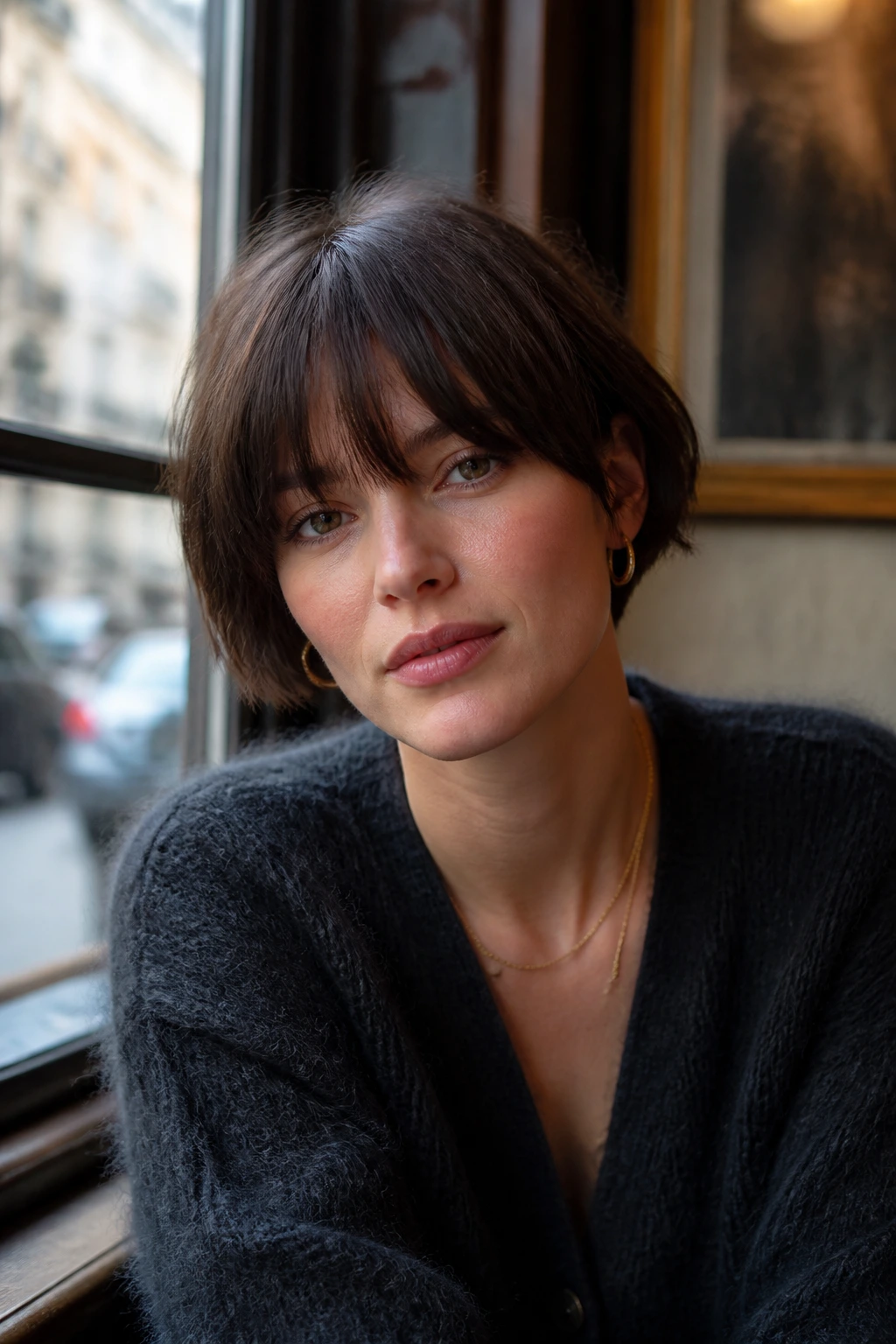 Real-woman portrait with French bob, longer fringe, tight nape.