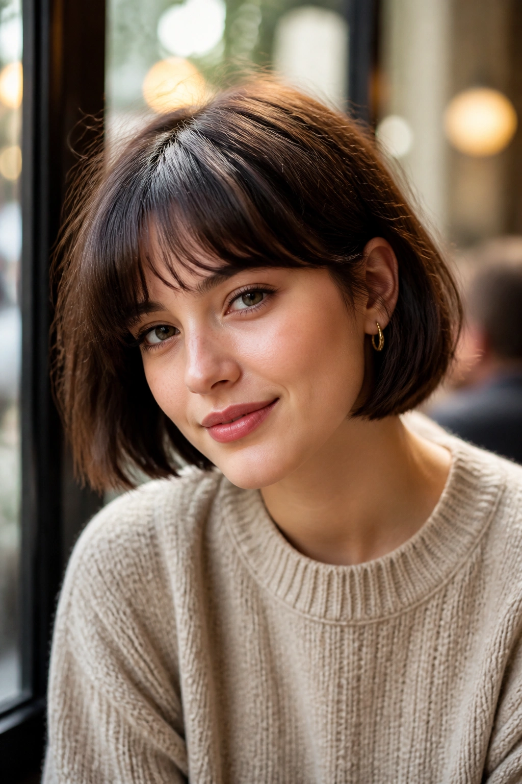Close-up portrait of a girl with French bob and soft fringe