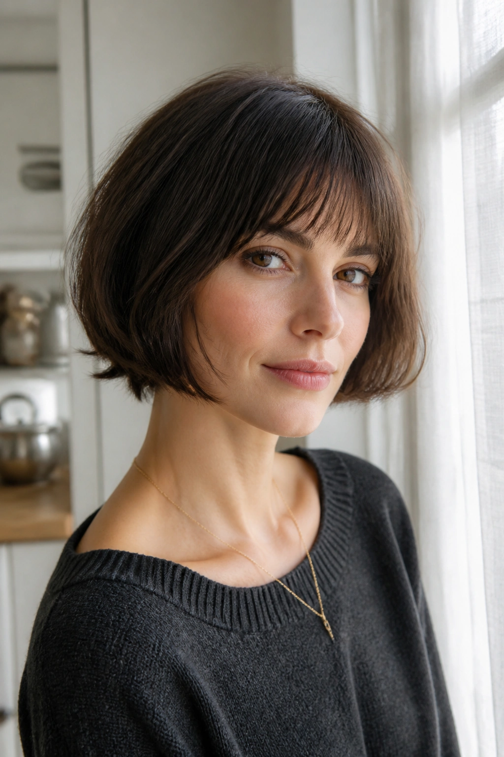 Portrait of a real woman with a French bob and wispy fringe near a window