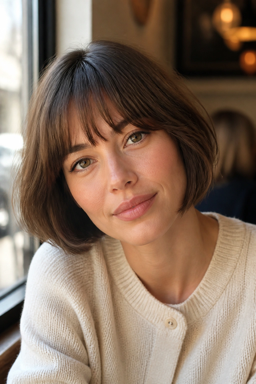 French bob with soft fringe on real woman, close-up portrait.