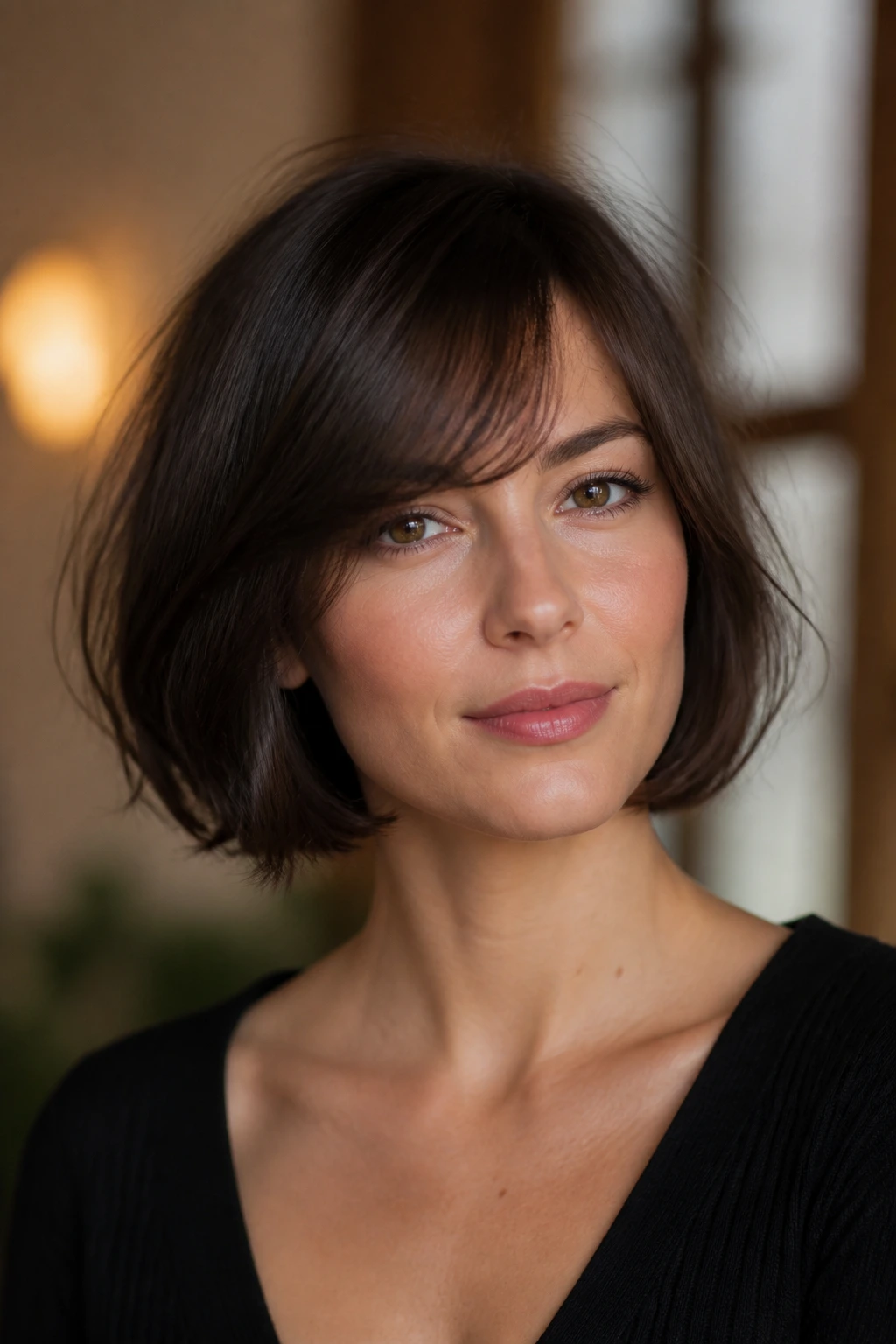 Close-up portrait of a real woman with a French bob and a soft side fringe