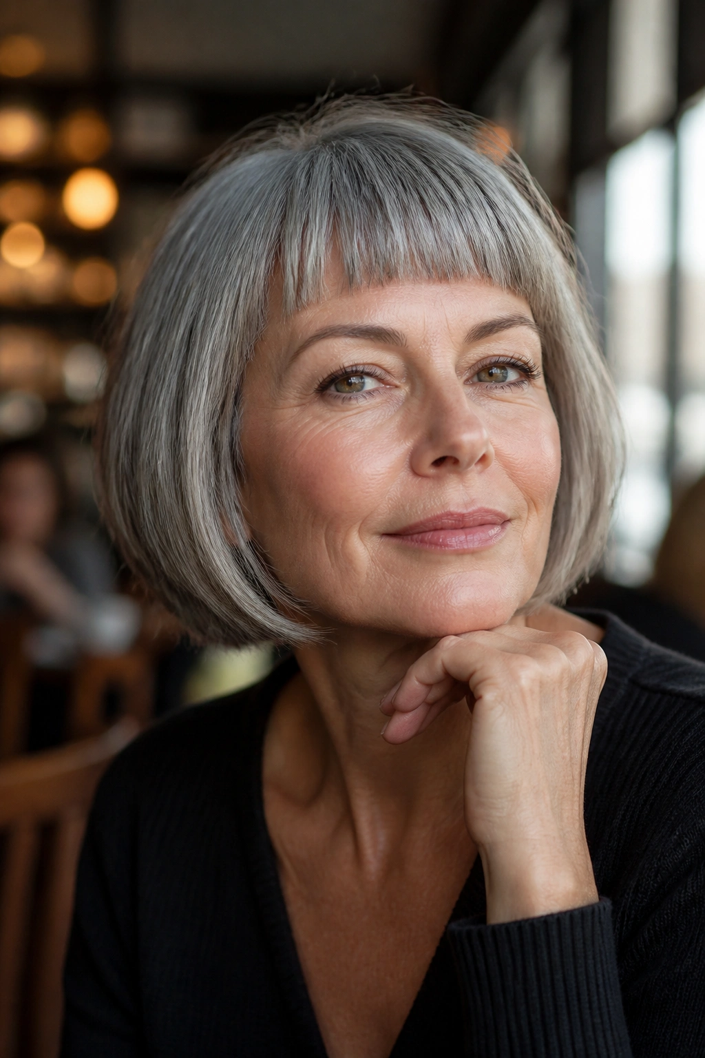 Close-up portrait of a real woman with French bob and short grey fringe