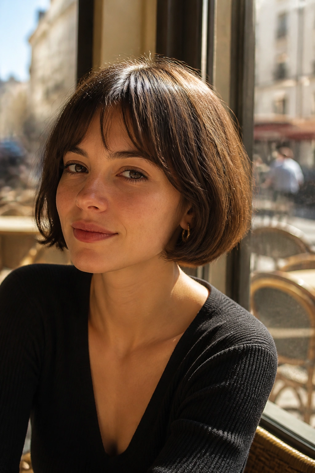 Close-up of a real woman with a French bob and hidden graduation.