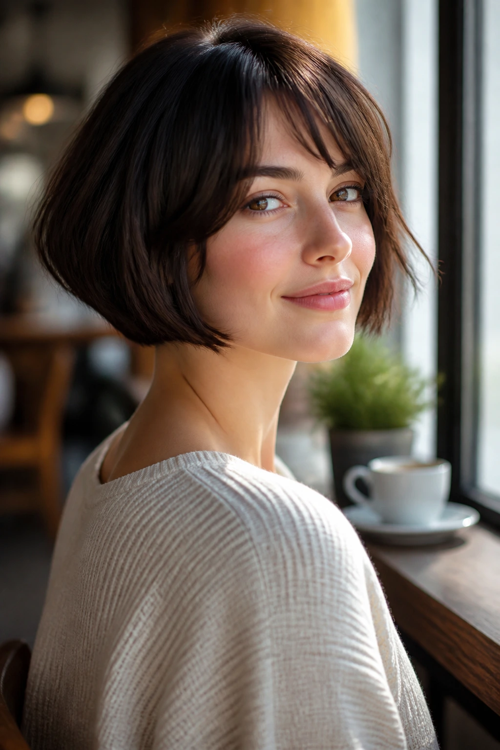 Close-up of a real woman with a French bob and hidden stack in a sunny cafe.