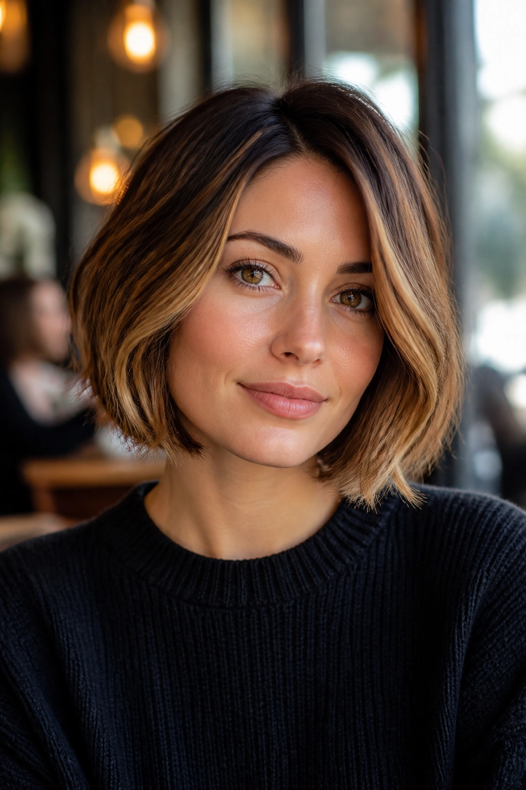 Real woman with a French bob and honey glow; airy texture and warm highlights.