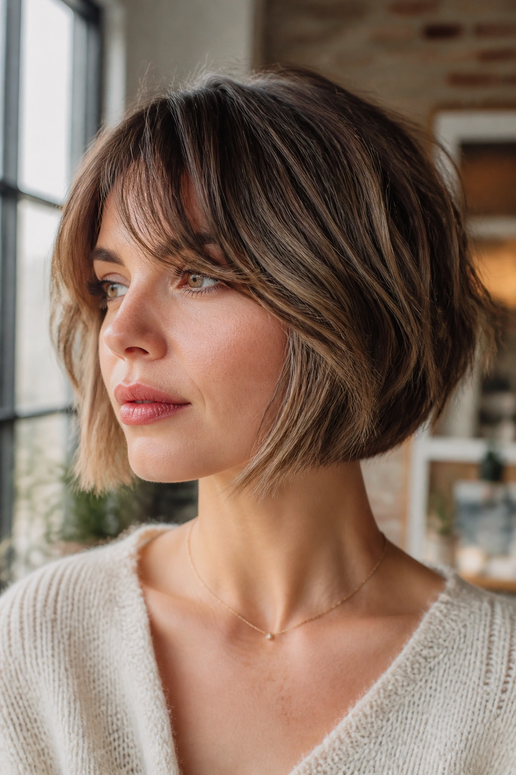 Close-up of a real woman wearing a French bob-inspired soft inverted bob.