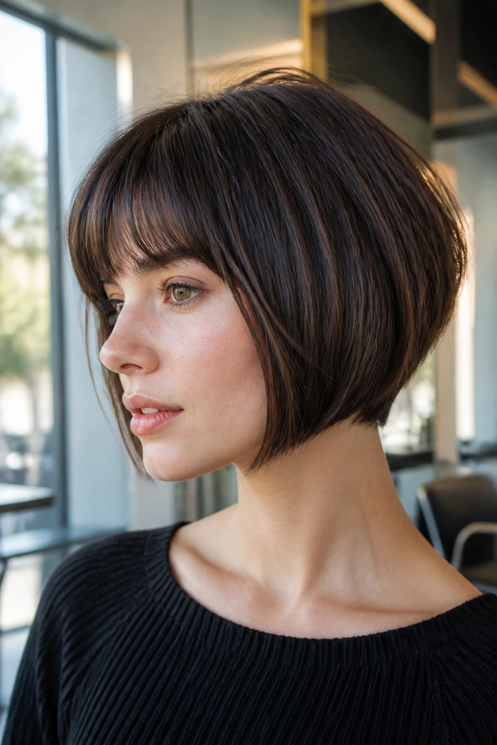 Portrait of a woman with a French bob and inverted nape, photographed in soft daylight.