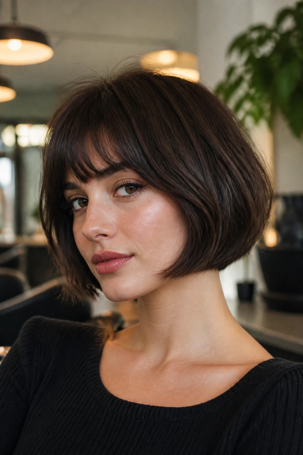 Portrait of a woman with a jaw-length French bob in a chic salon light