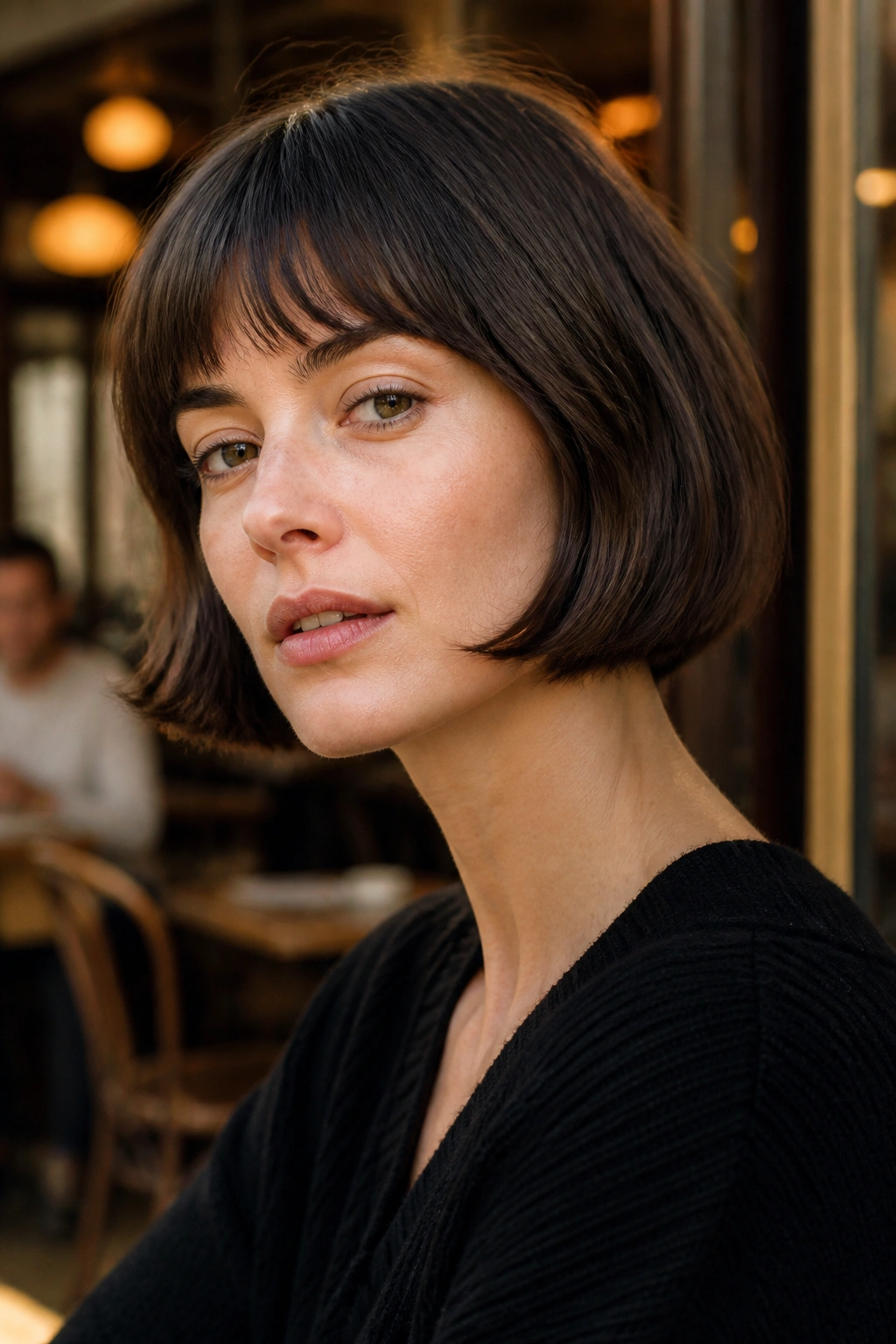 Portrait of a real woman with jaw-length French bob in Parisian light.