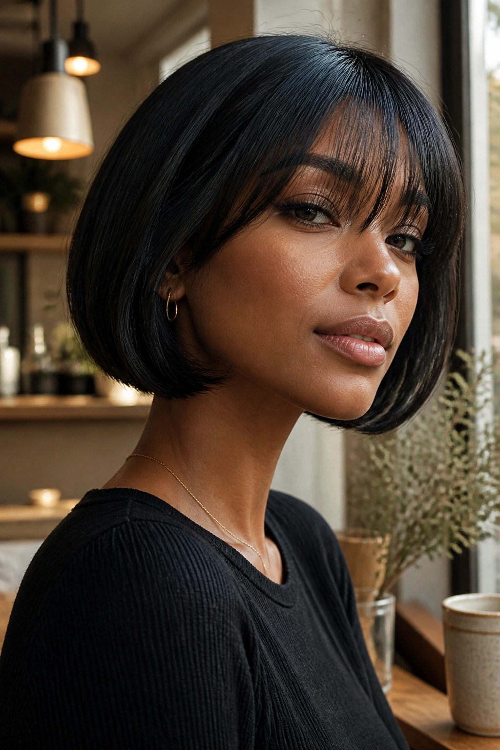 Portrait of a real woman with a French bob and airy light fringe.