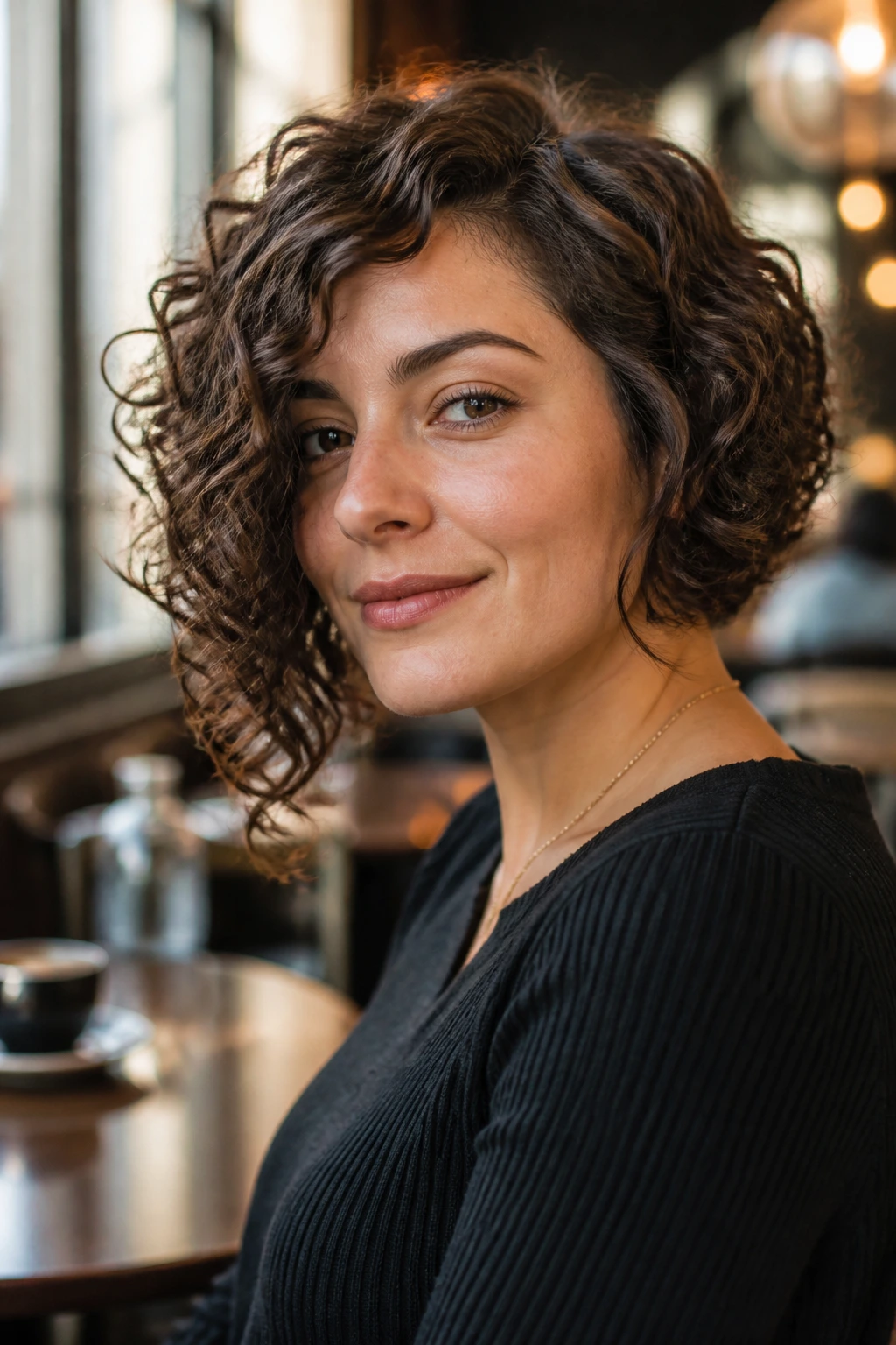 Close-up of a real woman with a curly French bob and a longer front side.