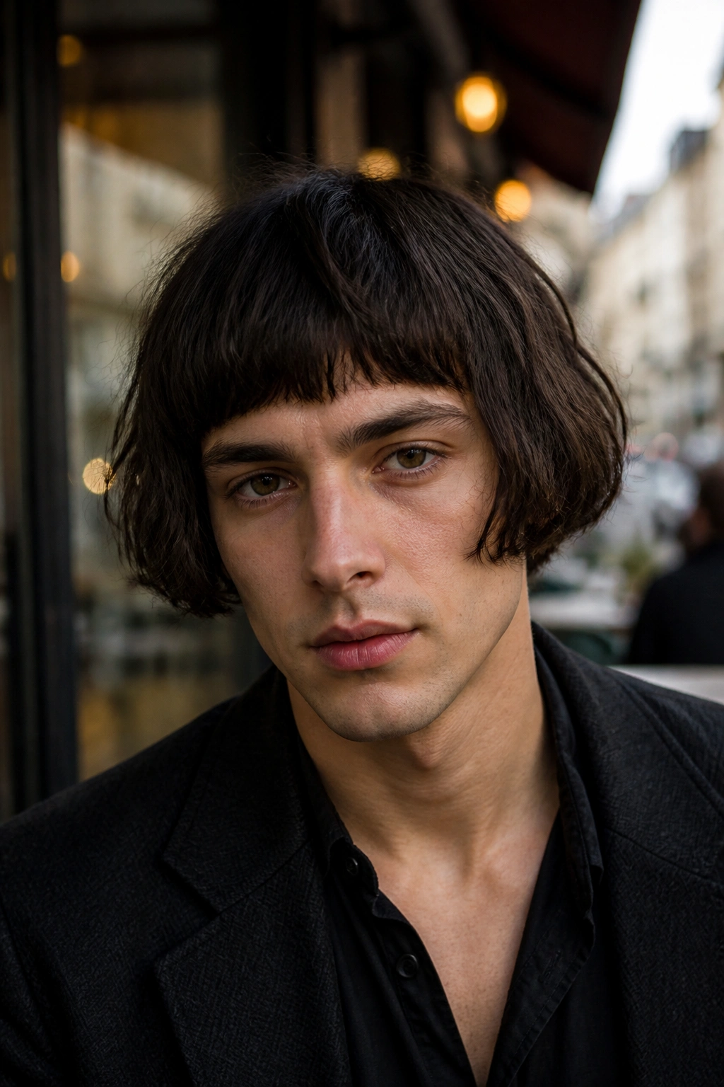 Close-up of a real man with a French bob and fringe in daylight