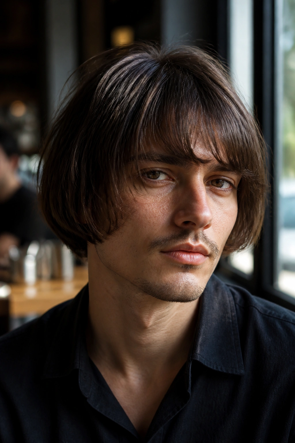Real man with cheekbone-length French bob portrait in a sunlit cafe interior.