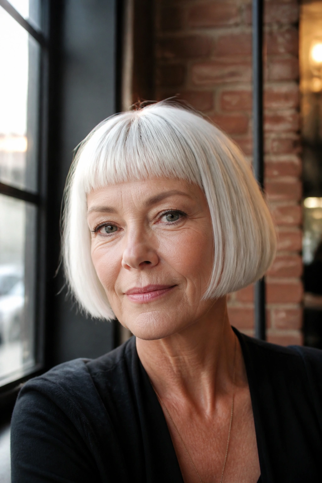 Close-up of a woman with a French bob and micro bangs in urban light