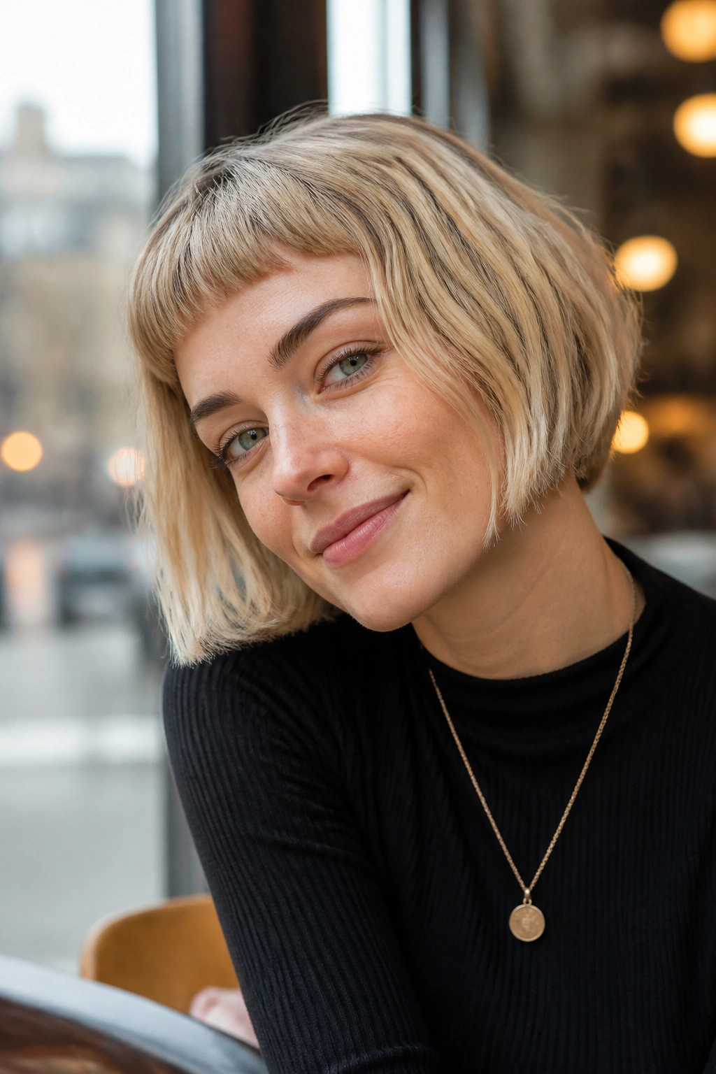 Close-up of real woman with French bob and micro bangs in champagne blonde