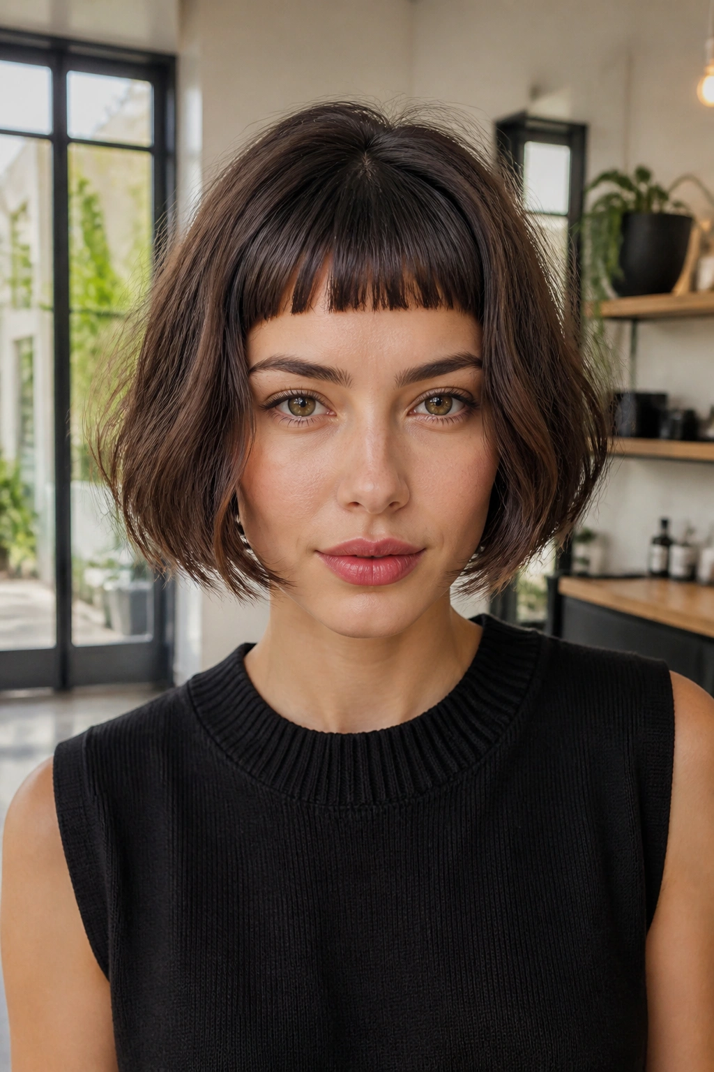 Real person with French bob and micro bangs in a bright interior