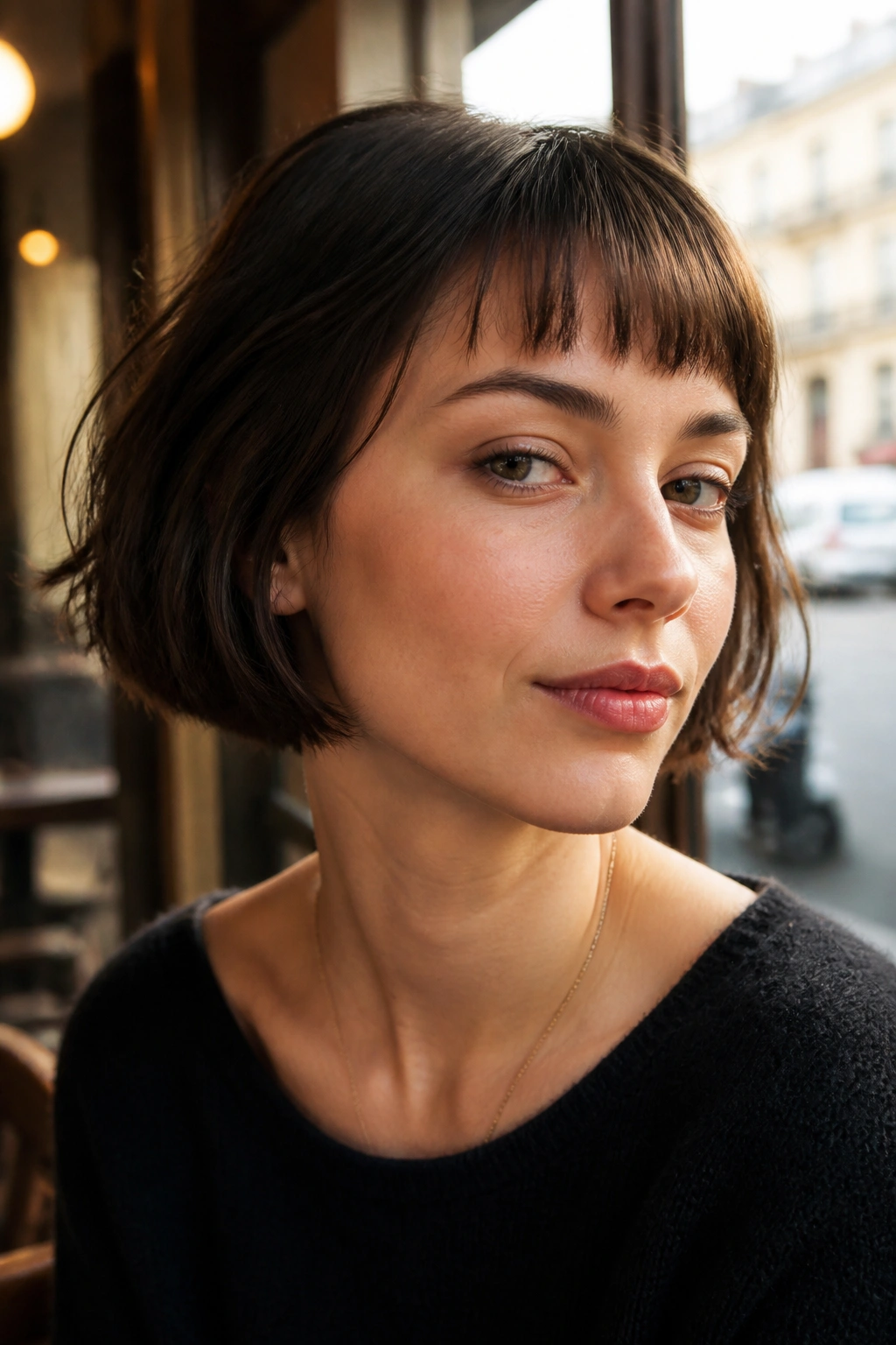 Real woman wearing a French bob with micro fringe in a sunny cafe setting.