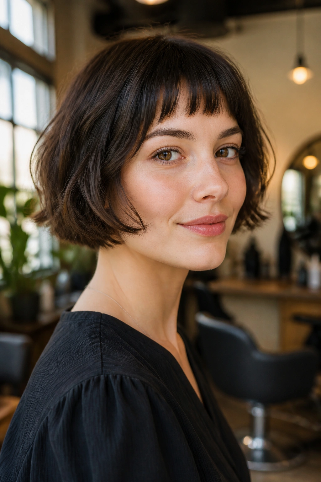 Close-up portrait of a woman with a French bob and soft micro fringe.