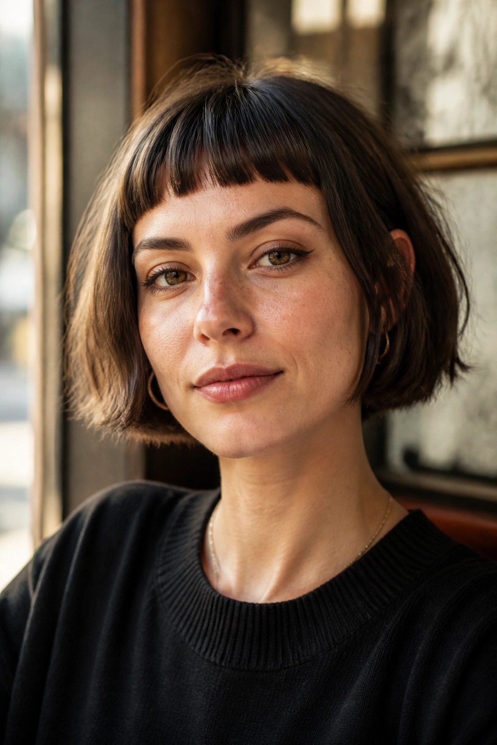 Close-up of a real woman with a French bob and micro fringe.
