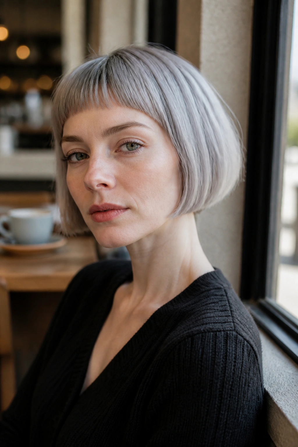 Close-up of real woman with French bob and micro fringe in ash-silver