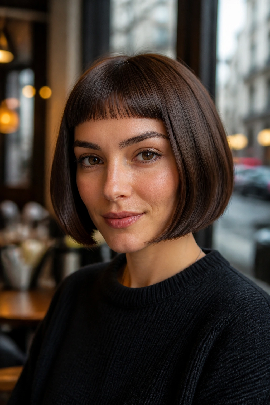Brunette with French bob and micro fringe in cocoa gloss under warm light