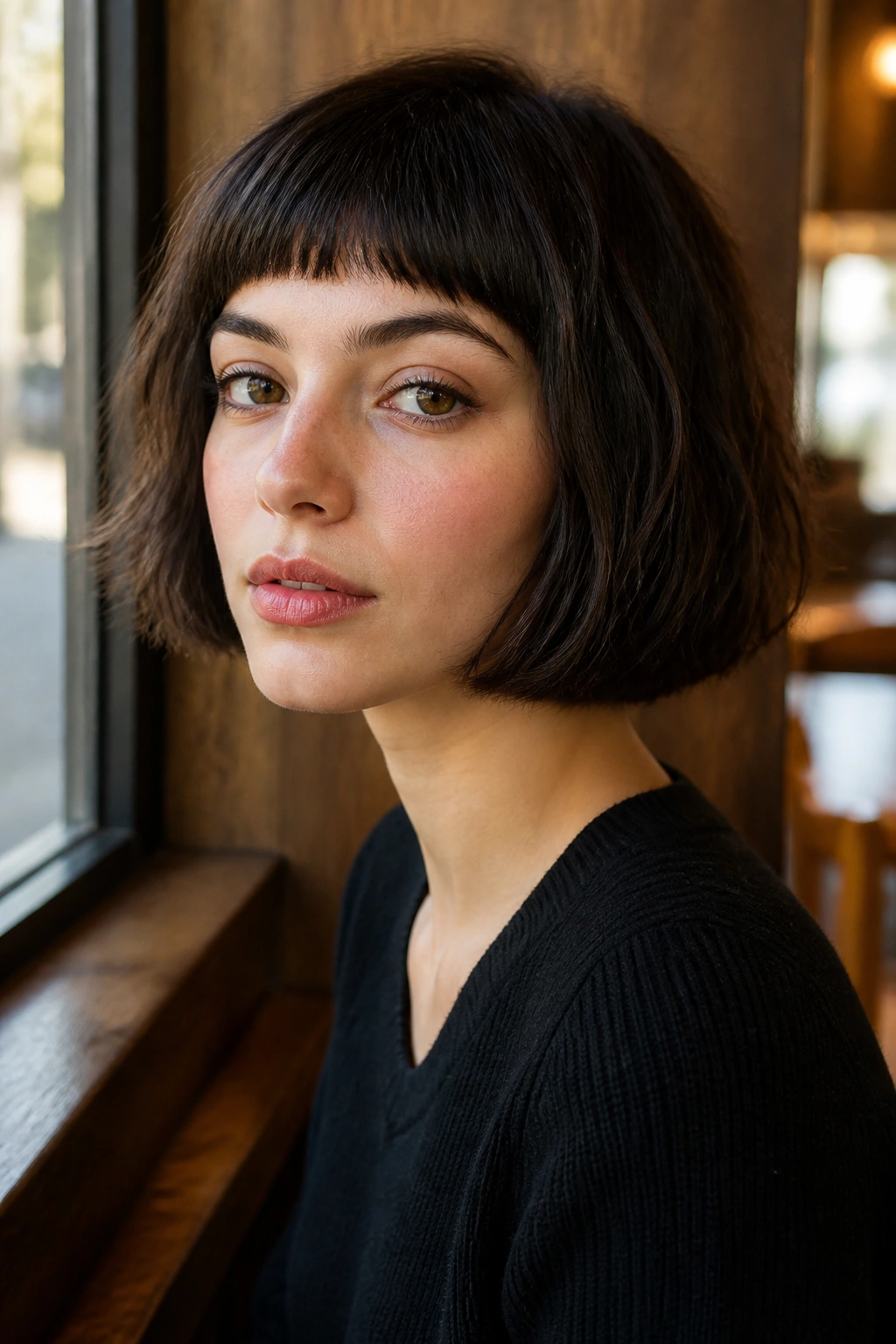 Close-up portrait of a real woman with a French bob and micro fringe
