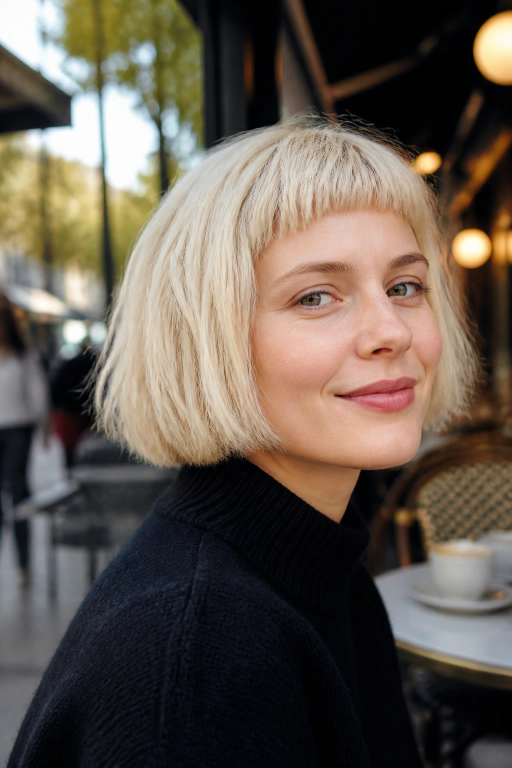 Real woman with French bob and micro fringe in pale blonde under natural light