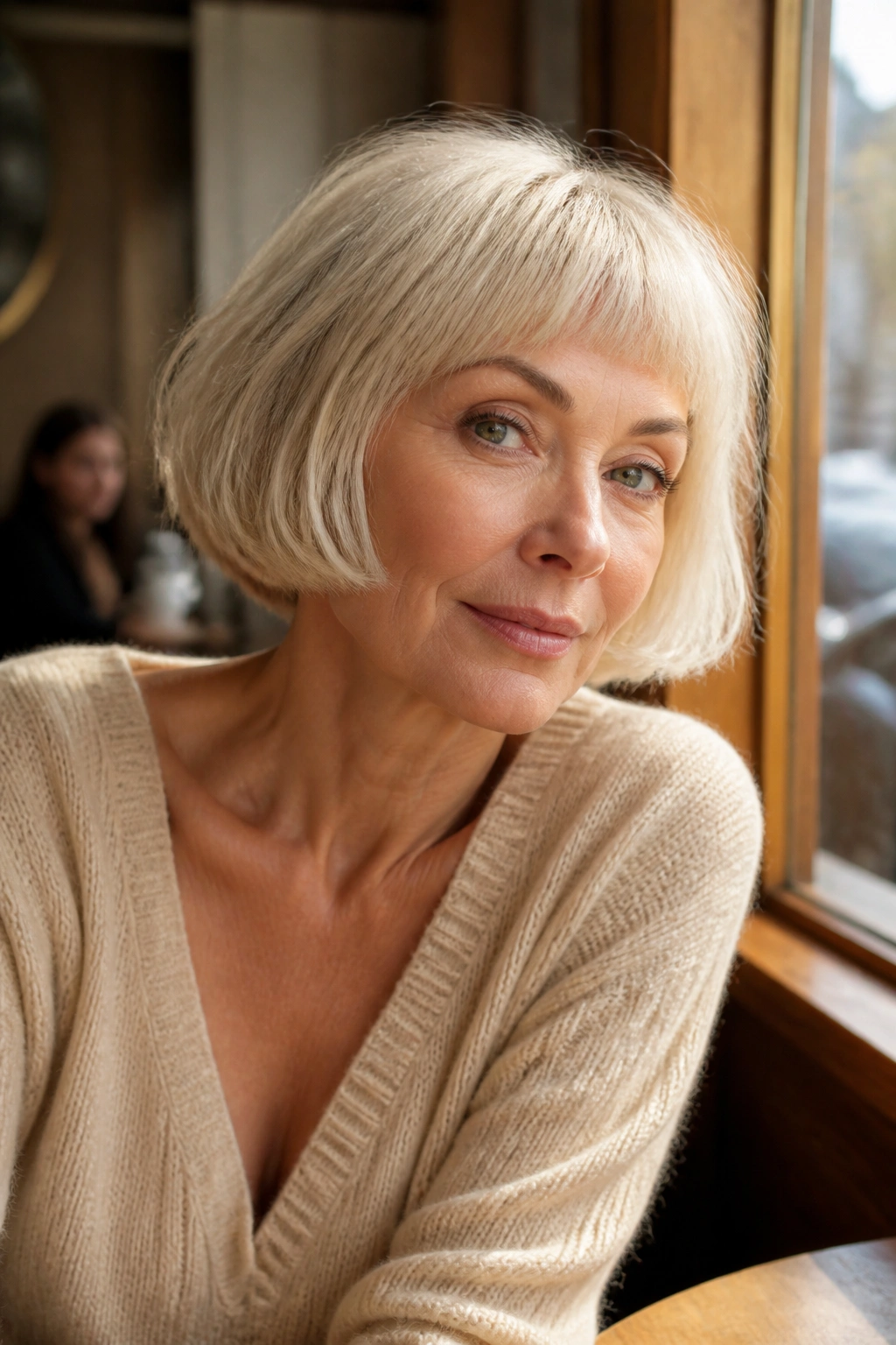 Close-up of a real woman with a French bob and soft micro fringe in platinum