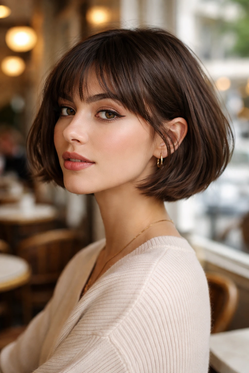 Portrait of a real person with a French bob and micro layers in a cafe setting
