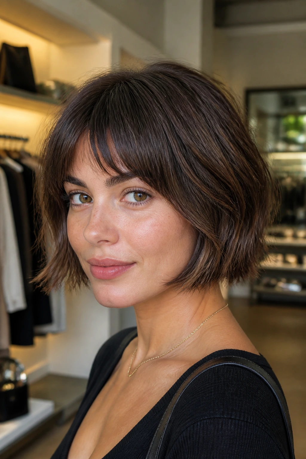 Close-up of a real woman with a French bob and micro-textured ends