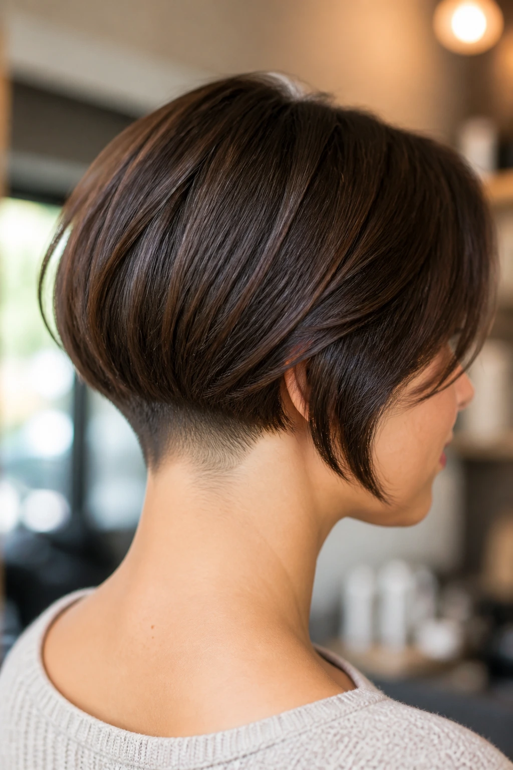 Close-up of a real woman with a French bob and hidden micro-undercut at the nape in a warm salon