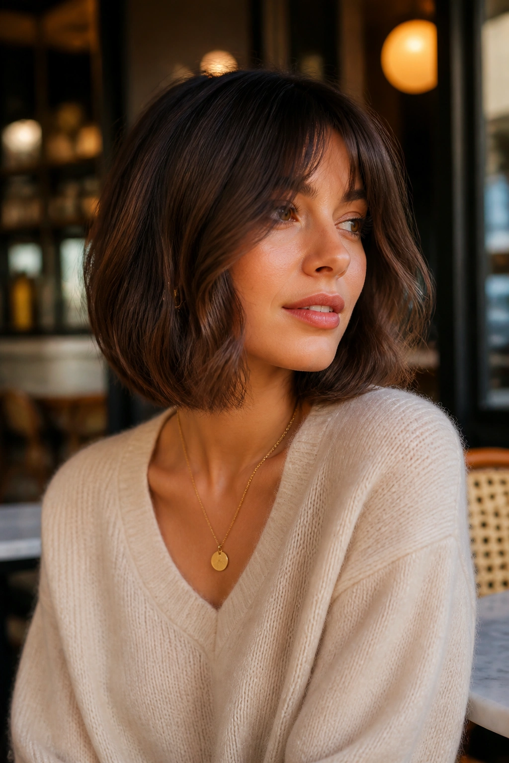 Real woman with longer French bob and soft bends in a chic cafe