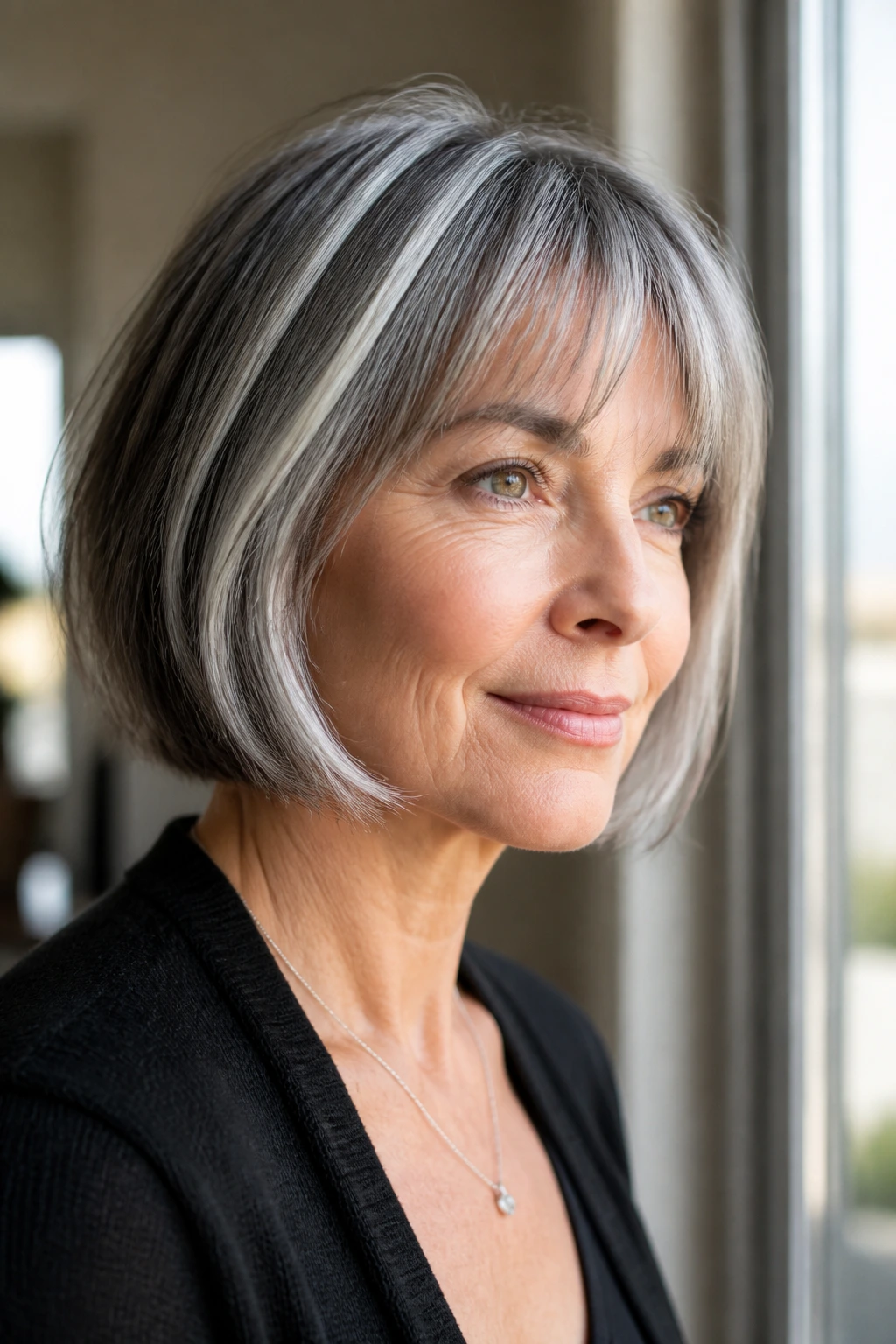 Close-up of a real woman with a French bob and silver ribbons around her face