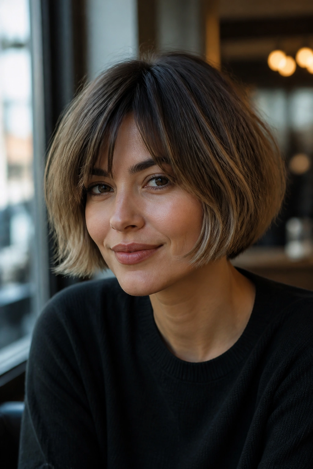 Portrait of a woman with a French bob and shadow-root dimension, crisp edges and depth.