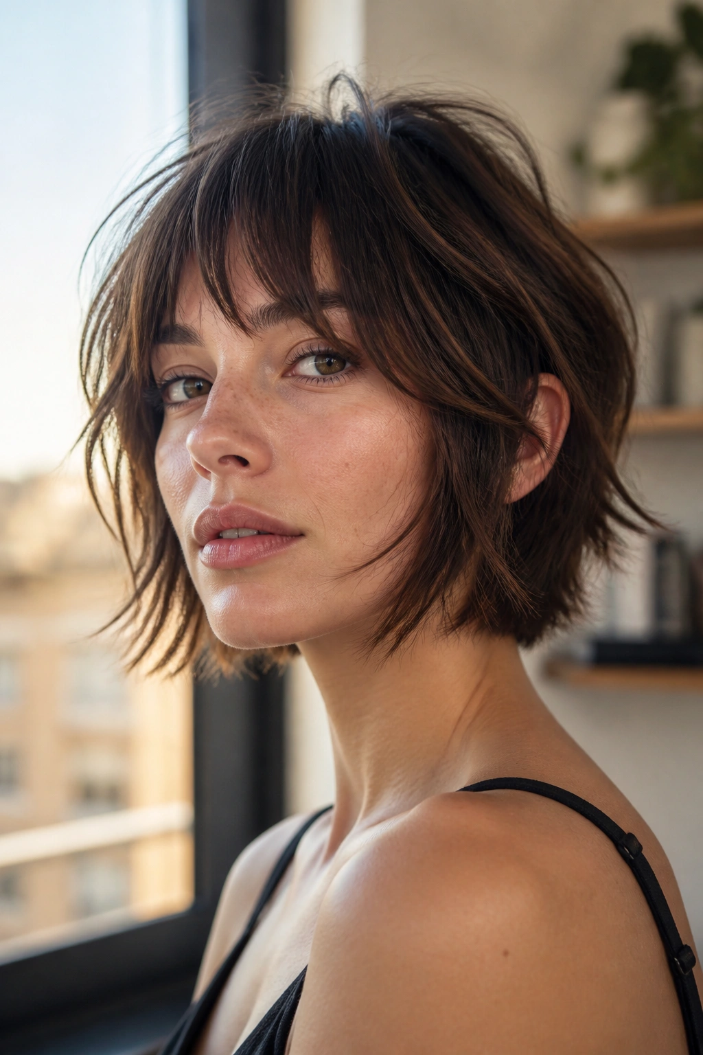 Close-up portrait of a real woman with a French bob shag and airy layers framing the jaw.