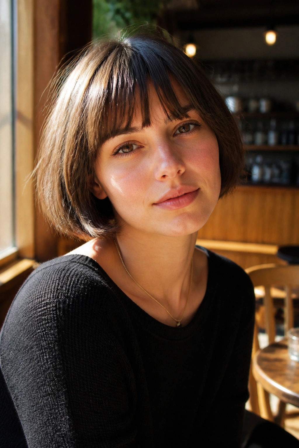 Close-up portrait of a girl with a jaw-length French Bob and soft fringe