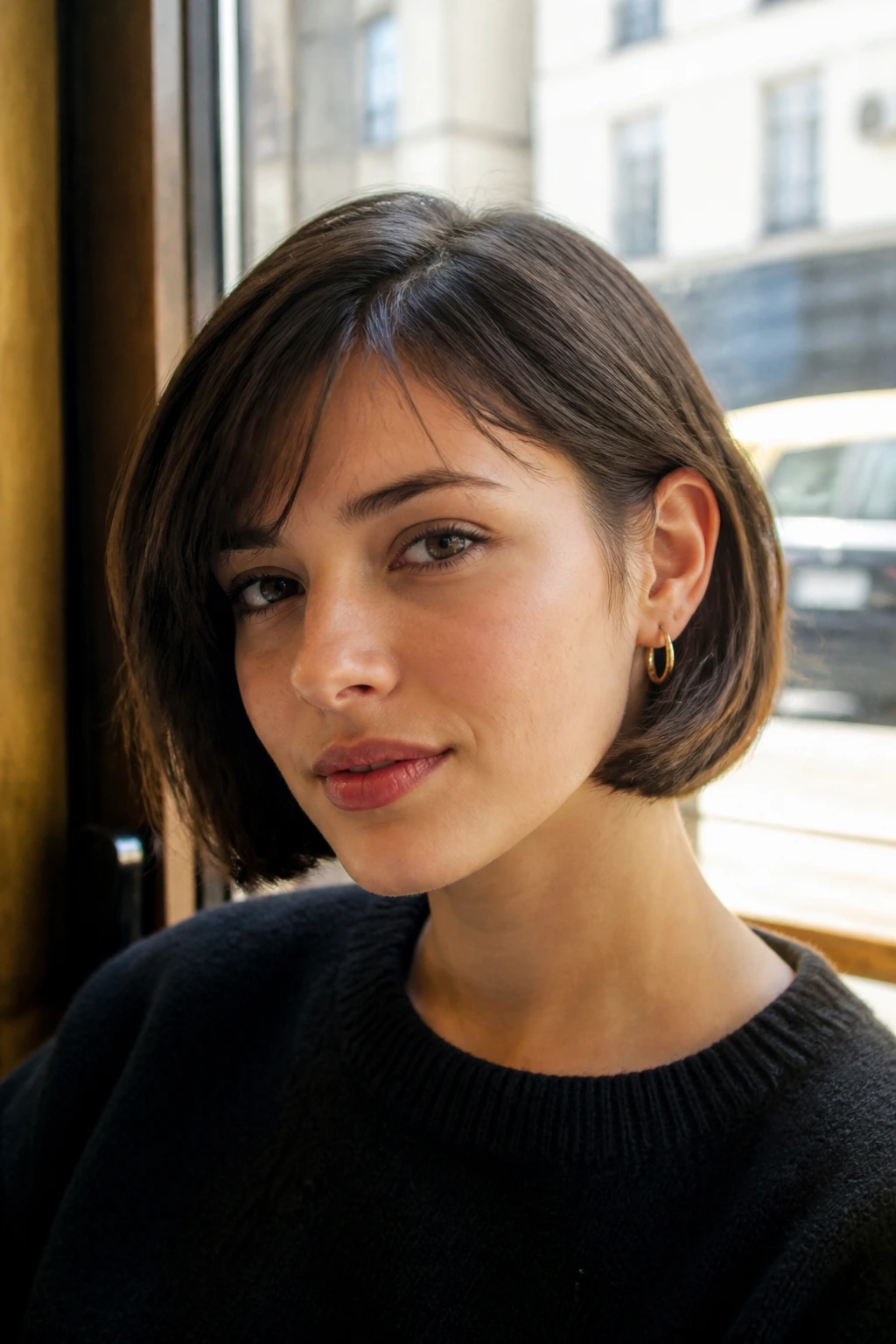 Close-up portrait of a real woman with a French bob just below the cheekbone and a soft side-part.