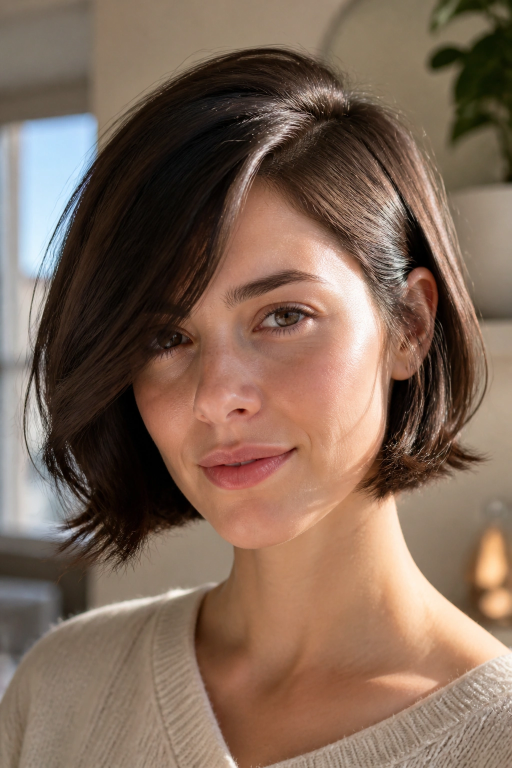 Portrait of a woman with a French bob and a side part