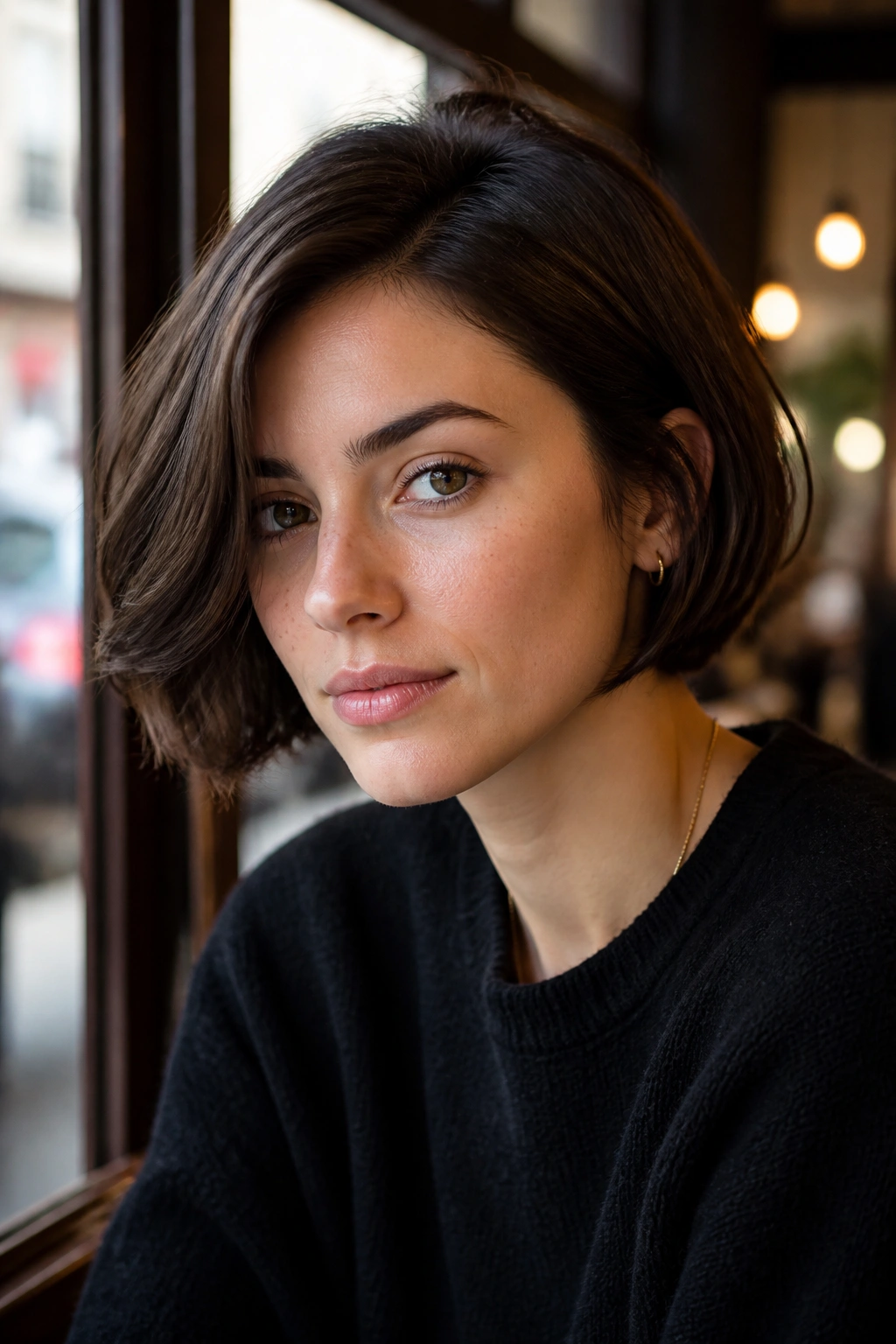 Close-up of a woman with a French bob and soft side part in brunette tones.