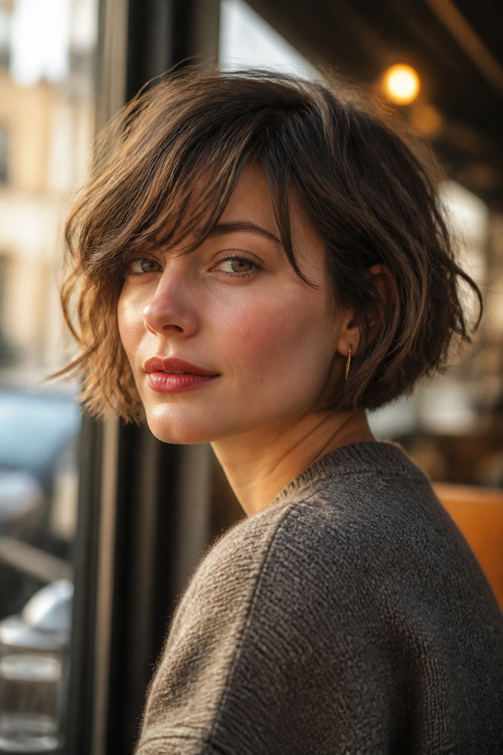 Real woman with French bob and side-swept fringe in warm natural light