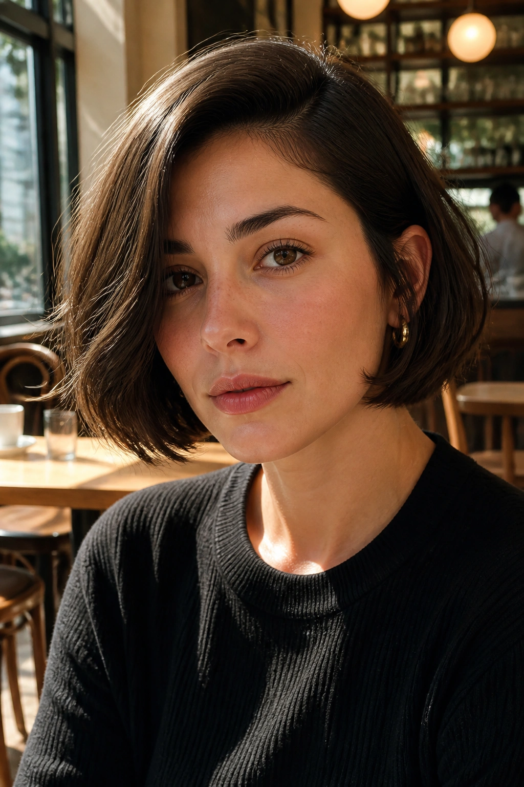 Close-up of a real woman with a French bob and a deep side part in a sunlit cafe.