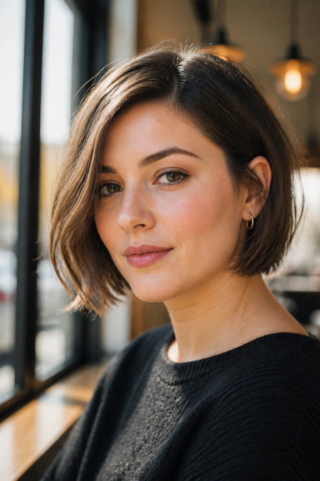 Close-up of a real woman with a side-parted jaw-length French bob in cafe light