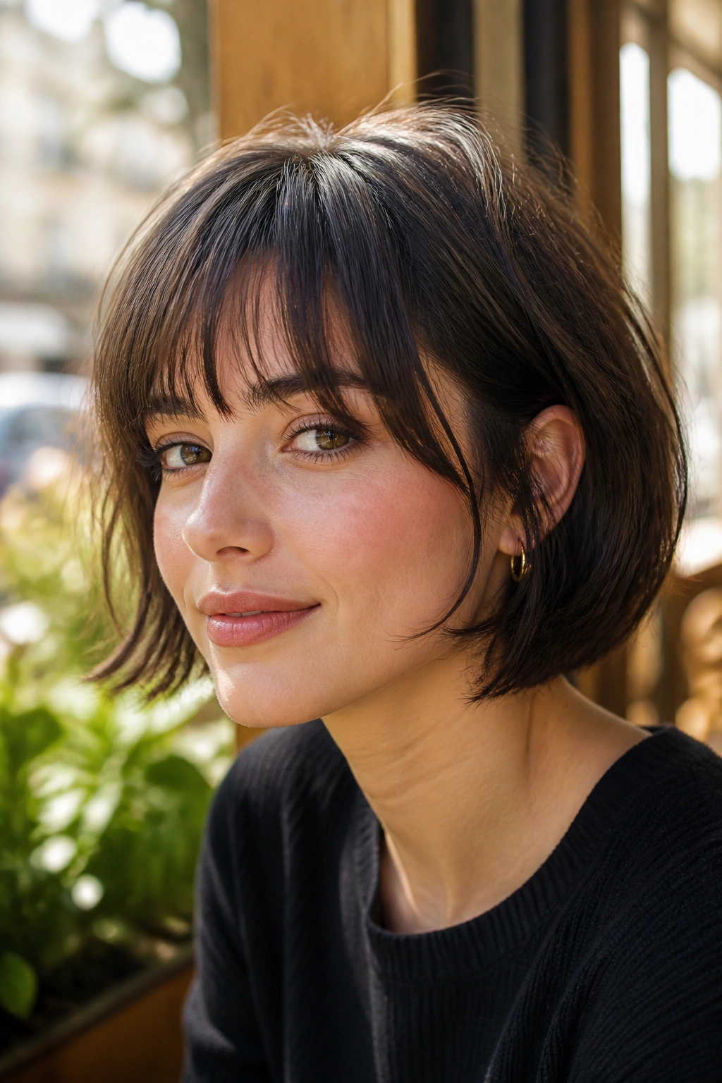 Portrait of a real woman with a French bob and soft wispy bangs.