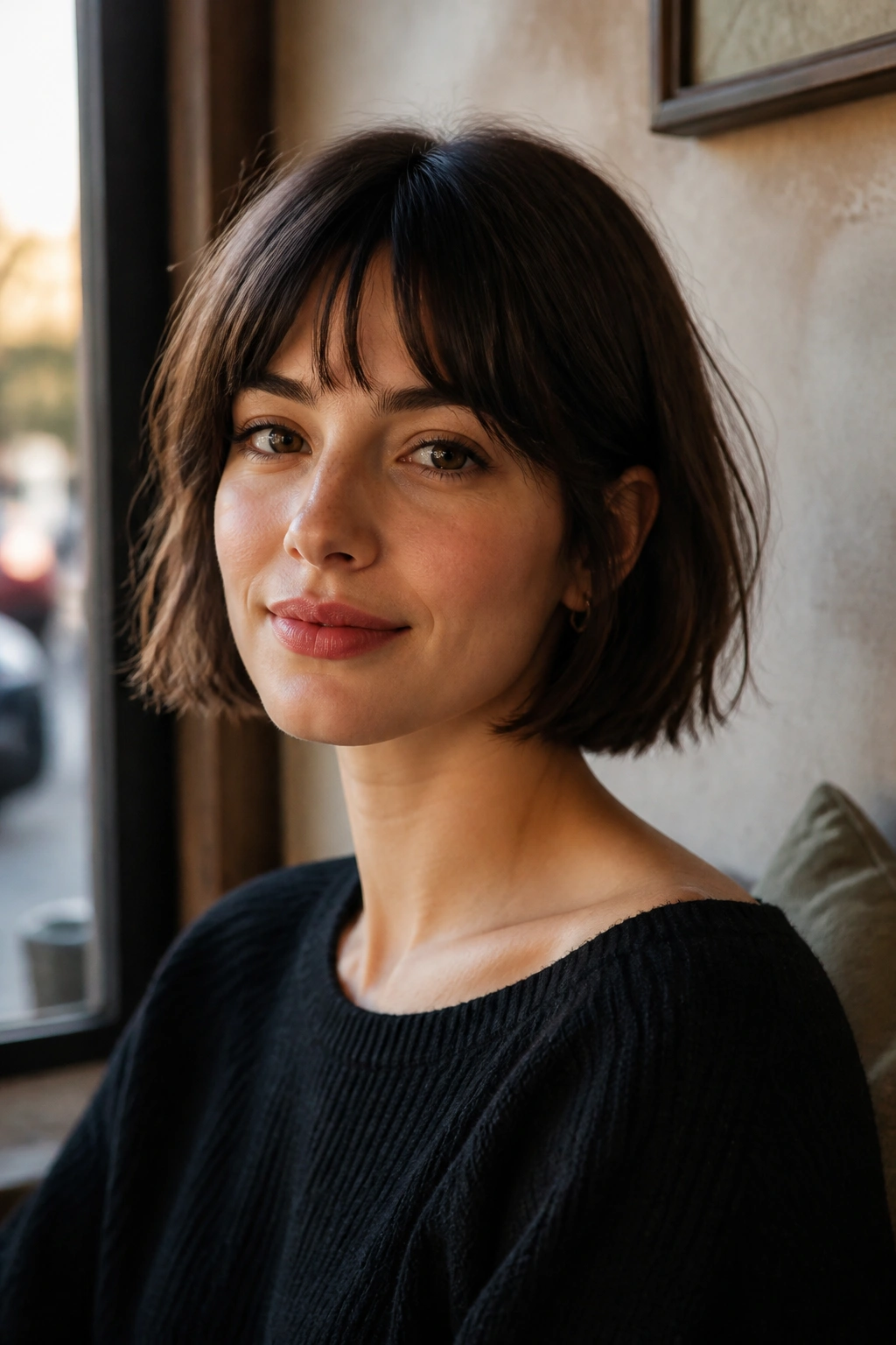 Close-up portrait of a real woman with a French bob and airy soft bangs near the center