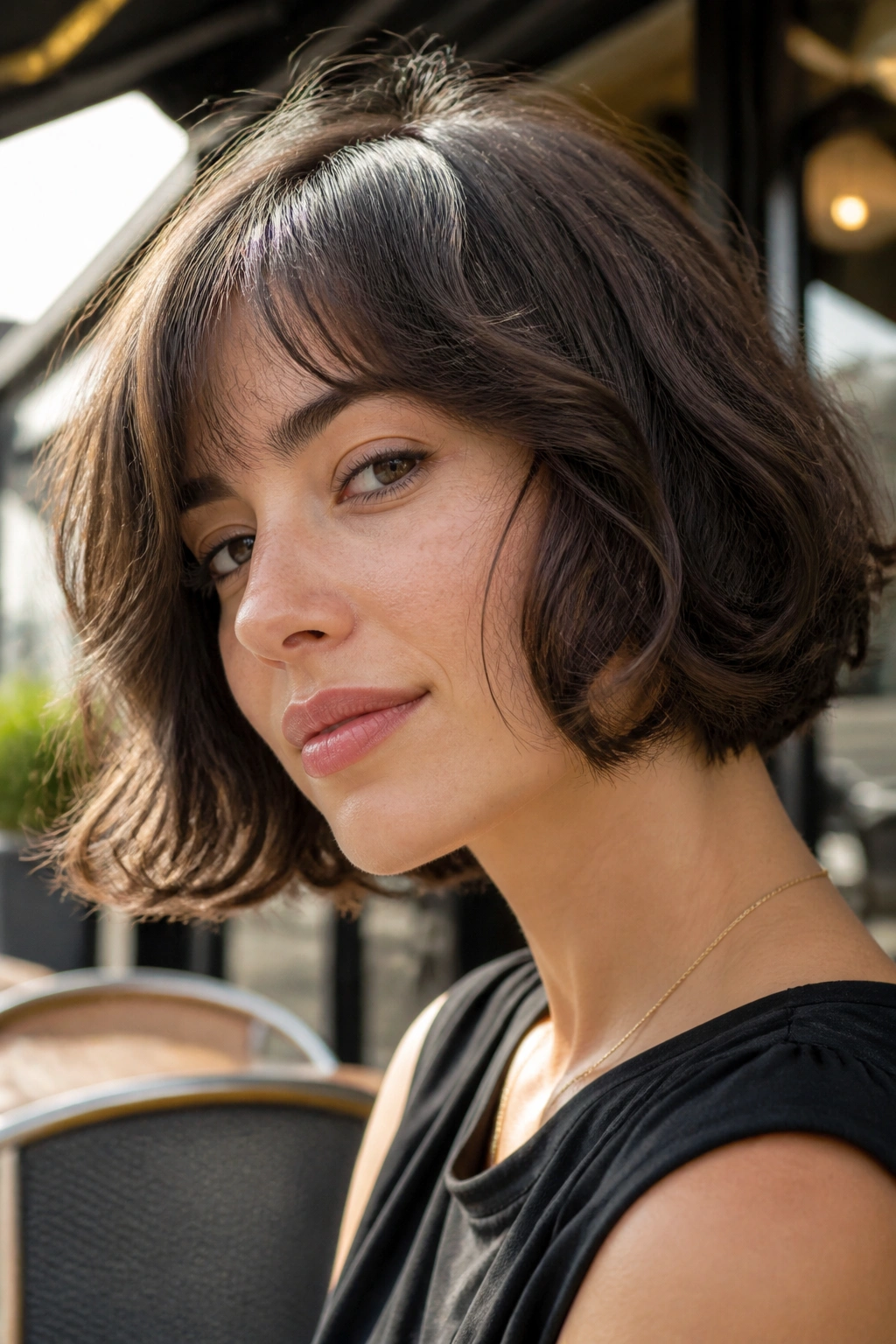 Close-up of a woman with a French bob and soft bend in natural light