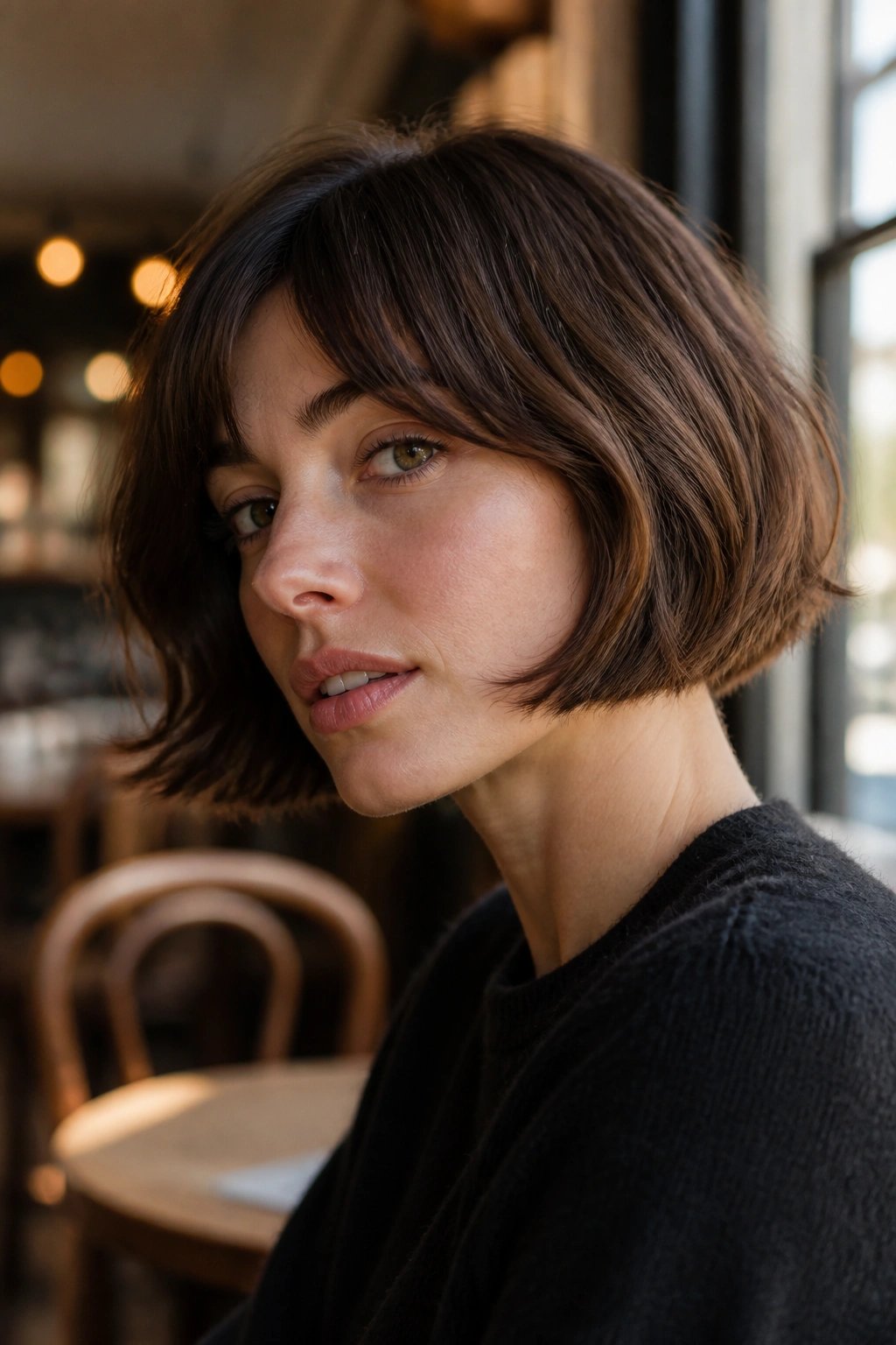 Close-up of real woman with French bob and soft bend