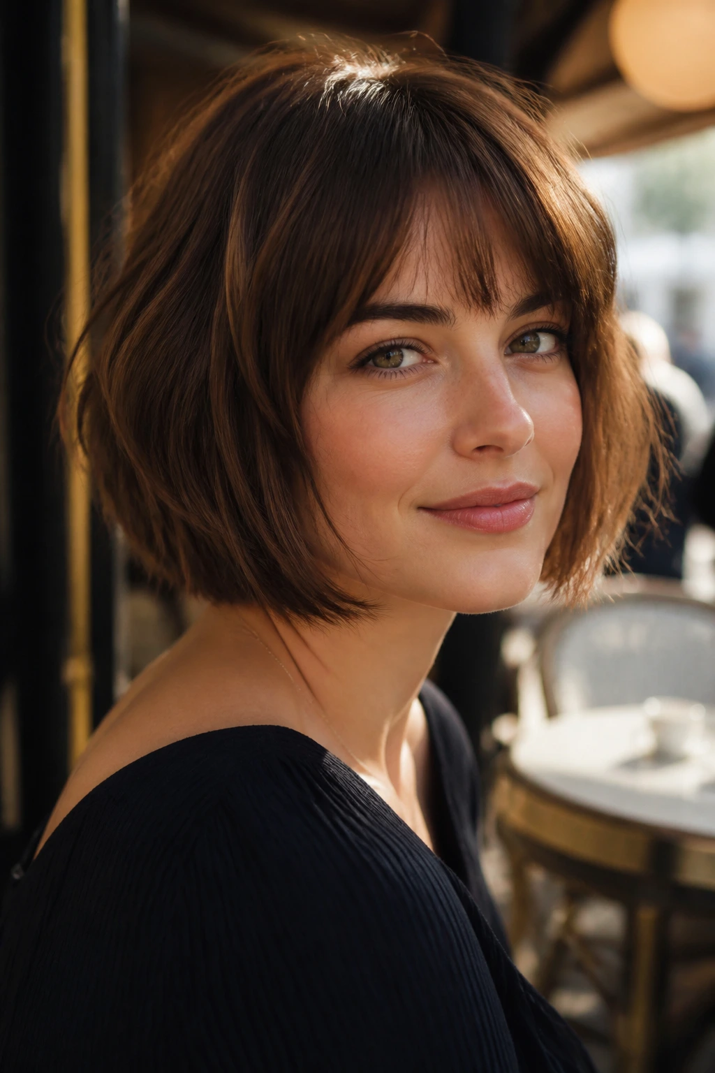 Close-up of a woman with a French-inspired bob and soft edge
