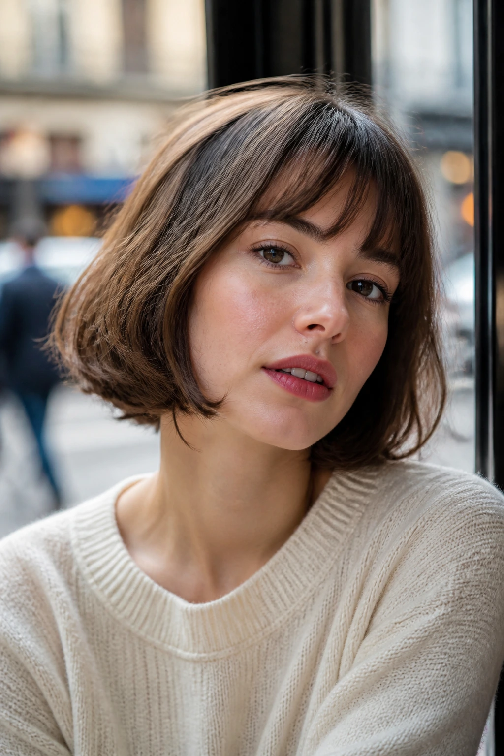 Close-up portrait of a real woman with a French bob and soft ends in a cafe setting