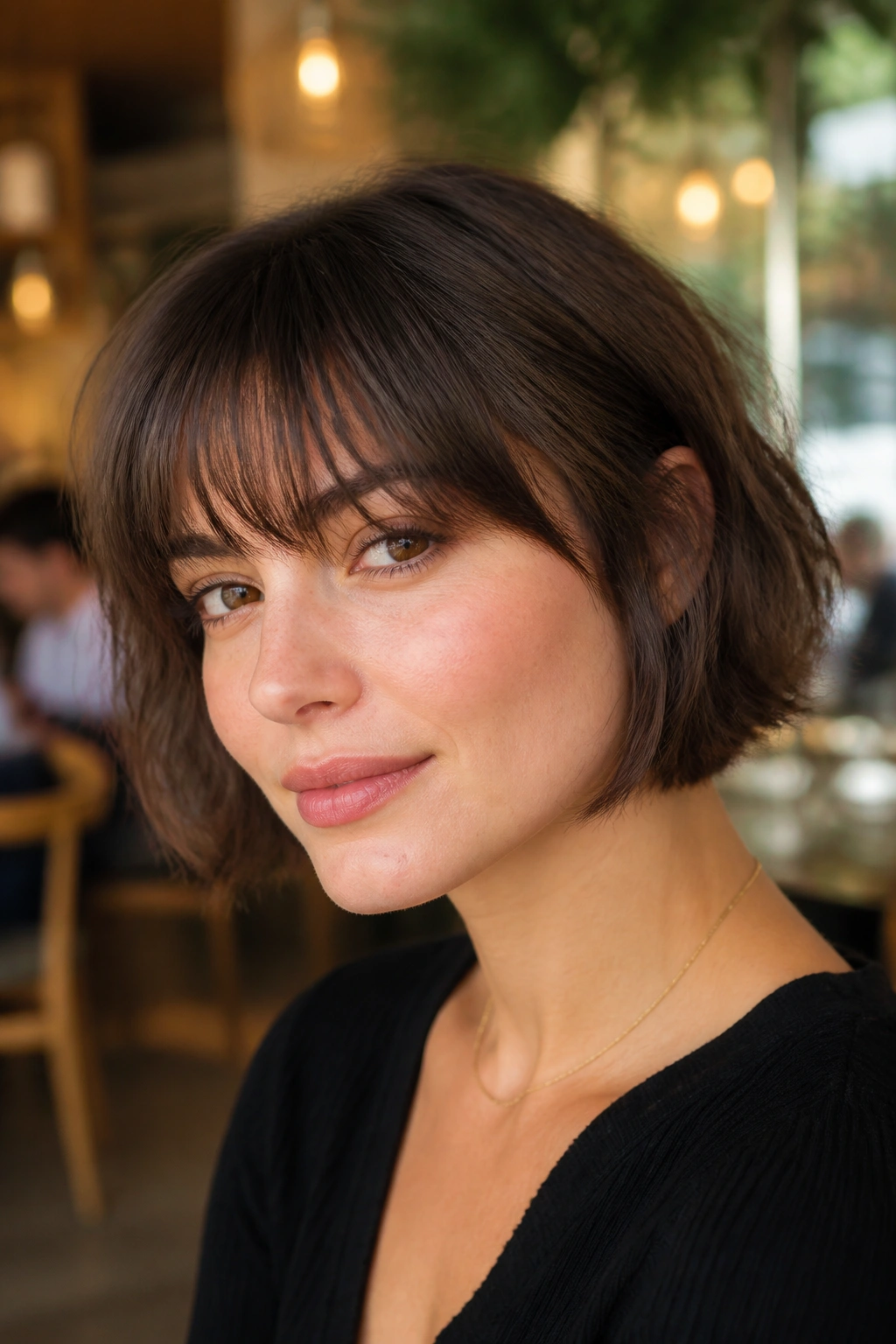 Close-up portrait of a real woman with a soft-fringed French bob