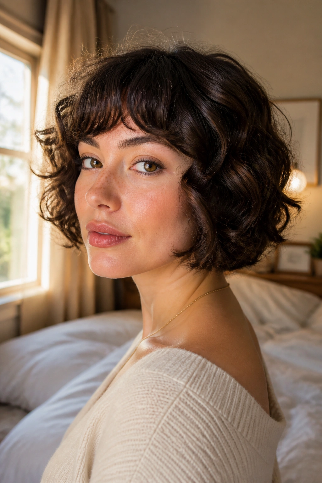 Close-up of a real woman with a French bob and soft fringe in warm natural light